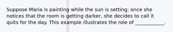 Suppose Maria is painting while the sun is setting; once she notices that the room is getting darker, she decides to call it quits for the day. This example illustrates the role of ____________.