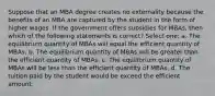 Suppose that an MBA degree creates no externality because the benefits of an MBA are captured by the student in the form of higher wages. If the government offers subsidies for MBAs, then which of the following statements is correct? Select one: a. The equilibrium quantity of MBAs will equal the efficient quantity of MBAs. b. The equilibrium quantity of MBAs will be greater than the efficient quantity of MBAs. c. The equilibrium quantity of MBAs will be less than the efficient quantity of MBAs. d. The tuition paid by the student would be exceed the efficient amount.