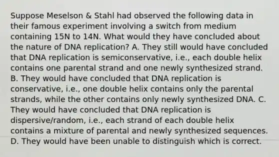 Suppose Meselson & Stahl had observed the following data in their famous experiment involving a switch from medium containing 15N to 14N. What would they have concluded about the nature of DNA replication? A. They still would have concluded that DNA replication is semiconservative, i.e., each double helix contains one parental strand and one newly synthesized strand. B. They would have concluded that DNA replication is conservative, i.e., one double helix contains only the parental strands, while the other contains only newly synthesized DNA. C. They would have concluded that DNA replication is dispersive/random, i.e., each strand of each double helix contains a mixture of parental and newly synthesized sequences. D. They would have been unable to distinguish which is correct.