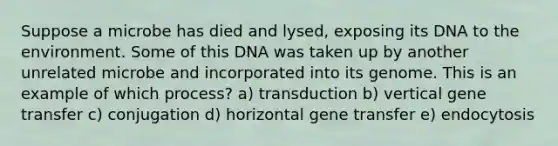 Suppose a microbe has died and lysed, exposing its DNA to the environment. Some of this DNA was taken up by another unrelated microbe and incorporated into its genome. This is an example of which process? a) transduction b) vertical gene transfer c) conjugation d) horizontal gene transfer e) endocytosis