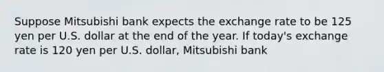 Suppose Mitsubishi bank expects the exchange rate to be 125 yen per U.S. dollar at the end of the year. If today's exchange rate is 120 yen per U.S. dollar, Mitsubishi bank