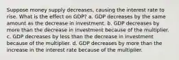 Suppose money supply decreases, causing the interest rate to rise. What is the effect on GDP? a. GDP decreases by the same amount as the decrease in investment. b. GDP decreases by more than the decrease in investment because of the multiplier. c. GDP decreases by less than the decrease in investment because of the multiplier. d. GDP decreases by more than the increase in the interest rate because of the multiplier.