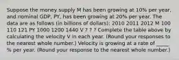 Suppose the money supply M has been growing at​ 10% per​ year, and nominal​ GDP,​ PY, has been growing at​ 20% per year. The data are as follows​ (in billions of​ dollars): 2010 2011 2012 M 100 110 121 PY 1000 1200 1440 V ? ? ? Complete the table above by calculating the velocity V in each year. ​(Round your responses to the nearest whole​ number.) Velocity is growing at a rate of _____​% per year. ​(Round your response to the nearest whole number.​)