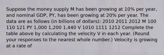 Suppose the money supply M has been growing at​ 10% per​ year, and nominal​ GDP,​ PY, has been growing at​ 20% per year. The data are as follows​ (in billions of​ dollars): 2010 2011 2012 M 100 110 121 PY ​1,000 ​1,200 ​1,440 V 1010 1111 1212 Complete the table above by calculating the velocity V in each year. ​(Round your responses to the nearest whole​ number.) Velocity is growing at a rate of