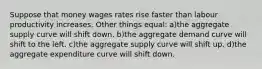 Suppose that money wages rates rise faster than labour productivity increases. Other things equal: a)the aggregate supply curve will shift down. b)the aggregate demand curve will shift to the left. c)the aggregate supply curve will shift up. d)the aggregate expenditure curve will shift down.