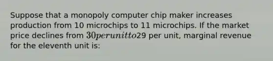 Suppose that a monopoly computer chip maker increases production from 10 microchips to 11 microchips. If the market price declines from 30 per unit to29 per unit, marginal revenue for the eleventh unit is: