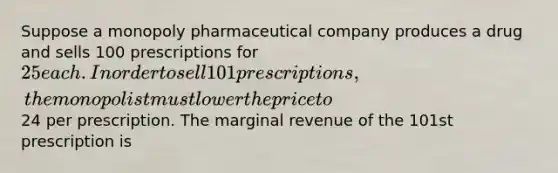 Suppose a monopoly pharmaceutical company produces a drug and sells 100 prescriptions for 25 each. In order to sell 101 prescriptions, the monopolist must lower the price to24 per prescription. The marginal revenue of the 101st prescription is