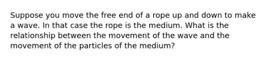 Suppose you move the free end of a rope up and down to make a wave. In that case the rope is the medium. What is the relationship between the movement of the wave and the movement of the particles of the medium?