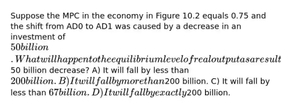 Suppose the MPC in the economy in Figure 10.2 equals 0.75 and the shift from AD0 to AD1 was caused by a decrease in an investment of 50 billion. What will happen to the equilibrium level of real output as a result of the initial50 billion decrease? A) It will fall by less than 200 billion. B) It will fall by more than200 billion. C) It will fall by less than 67 billion. D) It will fall by exactly200 billion.