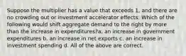 Suppose the multiplier has a value that exceeds 1, and there are no crowding out or investment accelerator effects. Which of the following would shift aggregate demand to the right by more than the increase in expenditures?a. an increase in government expenditures b. an increase in net exports c. an increase in investment spending d. All of the above are correct.