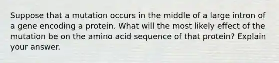 Suppose that a mutation occurs in the middle of a large intron of a gene encoding a protein. What will the most likely effect of the mutation be on the amino acid sequence of that protein? Explain your answer.