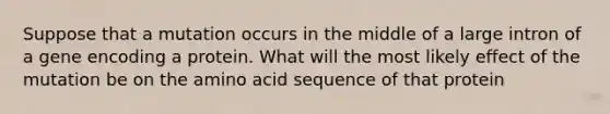 Suppose that a mutation occurs in the middle of a large intron of a gene encoding a protein. What will the most likely effect of the mutation be on the amino acid sequence of that protein