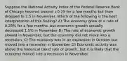 Suppose the National Activity Index of the Federal Reserve Bank of Chicago hovered around +0.25 for a few months but then dropped to 1.5 in November. Which of the following is the best interpretation of this finding? A) The economy grew at a rate of 0.25% for a few months, but economic growth actually decreased 1.5% in November B) The rate of economic growth slowed in November, but the economy did not move into a recession. C) The economy was in an expansion in October but moved into a recession in November D) Economic activity was above the historical trend rate of growth, but it is likely that the economy moved into a recession in November.