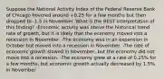 Suppose the National Activity Index of the Federal Reserve Bank of Chicago hovered around +0.25 for a few months but then dropped to -1.5 in November. What is the BEST interpretation of this finding? -Economic activity was above the historical trend rate of growth, but it is likely that the economy moved into a recession in November. -The economy was in an expansion in October but moved into a recession in November. -The rate of economic growth slowed in November, but the economy did not move into a recession. -The economy grew at a rate of 0.25% for a few months, but economic growth actually decreased by 1.5% in November