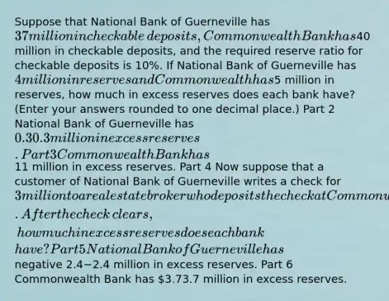 Suppose that National Bank of Guerneville has ​37 million in checkable​ deposits, Commonwealth Bank has ​40 million in checkable​ deposits, and the required reserve ratio for checkable deposits is​ 10%. If National Bank of Guerneville has​ 4 million in reserves and Commonwealth has​5 million in​ reserves, how much in excess reserves does each bank​ have? ​(Enter your answers rounded to one decimal​ place.) Part 2 National Bank of Guerneville has ​0.30.3 million in excess reserves. Part 3 Commonwealth Bank has ​11 million in excess reserves. Part 4 Now suppose that a customer of National Bank of Guerneville writes a check for ​3 million to a real estate broker who deposits the check at Commonwealth. After the check​ clears, how much in excess reserves does each bank​ have? Part 5 National Bank of Guerneville has ​negative 2.4−2.4 million in excess reserves. Part 6 Commonwealth Bank has ​3.73.7 million in excess reserves.