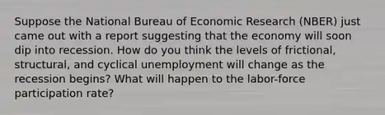 Suppose the National Bureau of Economic Research (NBER) just came out with a report suggesting that the economy will soon dip into recession. How do you think the levels of frictional, structural, and cyclical unemployment will change as the recession begins? What will happen to the labor-force participation rate?