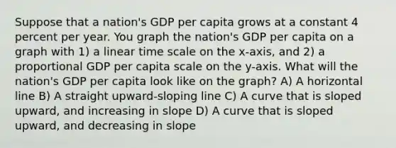 Suppose that a nation's GDP per capita grows at a constant 4 percent per year. You graph the nation's GDP per capita on a graph with 1) a linear time scale on the x-axis, and 2) a proportional GDP per capita scale on the y-axis. What will the nation's GDP per capita look like on the graph? A) A horizontal line B) A straight upward-sloping line C) A curve that is sloped upward, and increasing in slope D) A curve that is sloped upward, and decreasing in slope