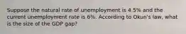 Suppose the natural rate of unemployment is 4.5% and the current unemployment rate is 6%. According to Okun's law, what is the size of the GDP gap?