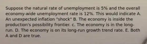 Suppose the natural rate of unemployment is 5% and the overall economy-wide unemployment rate is 12%. This would indicate A. An unexpected inflation "shock" B. The economy is inside the production's possibility frontier. c. The economy is in the long-run. D. The economy is on its long-run growth trend rate. E. Both A and D are true.