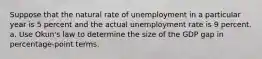 Suppose that the natural rate of unemployment in a particular year is 5 percent and the actual unemployment rate is 9 percent. a. Use Okun's law to determine the size of the GDP gap in percentage-point terms.