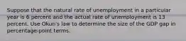 Suppose that the natural rate of unemployment in a particular year is 6 percent and the actual rate of unemployment is 13 percent. Use Okun's law to determine the size of the GDP gap in percentage-point terms.