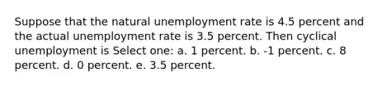 Suppose that the natural unemployment rate is 4.5 percent and the actual unemployment rate is 3.5 percent. Then cyclical unemployment is Select one: a. 1 percent. b. -1 percent. c. 8 percent. d. 0 percent. e. 3.5 percent.