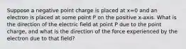 Suppose a negative point charge is placed at x=0 and an electron is placed at some point P on the positive x-axis. What is the direction of the electric field at point P due to the point charge, and what is the direction of the force experienced by the electron due to that field?