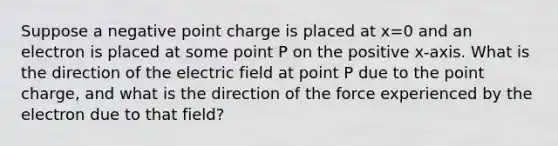 Suppose a negative point charge is placed at x=0 and an electron is placed at some point P on the positive x-axis. What is the direction of the electric field at point P due to the point charge, and what is the direction of the force experienced by the electron due to that field?