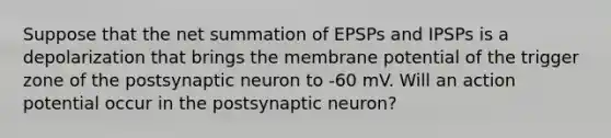 Suppose that the net summation of EPSPs and IPSPs is a depolarization that brings the membrane potential of the trigger zone of the postsynaptic neuron to -60 mV. Will an action potential occur in the postsynaptic neuron?