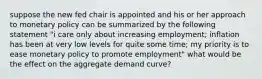 suppose the new fed chair is appointed and his or her approach to monetary policy can be summarized by the following statement "i care only about increasing employment; inflation has been at very low levels for quite some time; my priority is to ease monetary policy to promote employment" what would be the effect on the aggregate demand curve?