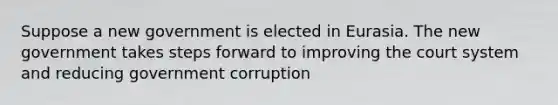 Suppose a new government is elected in Eurasia. The new government takes steps forward to improving the court system and reducing government corruption