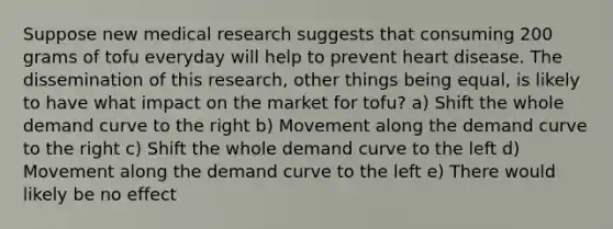 Suppose new medical research suggests that consuming 200 grams of tofu everyday will help to prevent heart disease. The dissemination of this research, other things being equal, is likely to have what impact on the market for tofu? a) Shift the whole demand curve to the right b) Movement along the demand curve to the right c) Shift the whole demand curve to the left d) Movement along the demand curve to the left e) There would likely be no effect