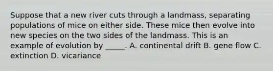 Suppose that a new river cuts through a landmass, separating populations of mice on either side. These mice then evolve into new species on the two sides of the landmass. This is an example of evolution by _____. A. continental drift B. gene flow C. extinction D. vicariance