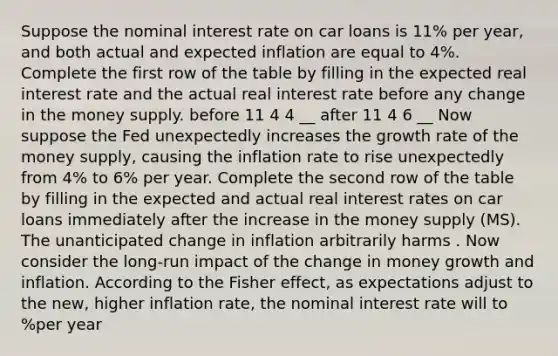 Suppose the nominal interest rate on car loans is 11% per year, and both actual and expected inflation are equal to 4%. Complete the first row of the table by filling in the expected real interest rate and the actual real interest rate before any change in the money supply. before 11 4 4 __ after 11 4 6 __ Now suppose the Fed unexpectedly increases the growth rate of the money supply, causing the inflation rate to rise unexpectedly from 4% to 6% per year. Complete the second row of the table by filling in the expected and actual real interest rates on car loans immediately after the increase in the money supply (MS). The unanticipated change in inflation arbitrarily harms . Now consider the long-run impact of the change in money growth and inflation. According to the Fisher effect, as expectations adjust to the new, higher inflation rate, the nominal interest rate will to %per year