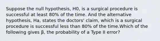 Suppose the null hypothesis, H0, is a surgical procedure is successful at least 80% of the time. And the alternative hypothesis, Ha, states the doctors' claim, which is a surgical procedure is successful <a href='https://www.questionai.com/knowledge/k7BtlYpAMX-less-than' class='anchor-knowledge'>less than</a> 80% of the time.Which of the following gives β, the probability of a Type II error?