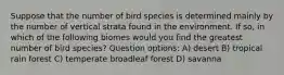 Suppose that the number of bird species is determined mainly by the number of vertical strata found in the environment. If so, in which of the following biomes would you find the greatest number of bird species? Question options: A) desert B) tropical rain forest C) temperate broadleaf forest D) savanna