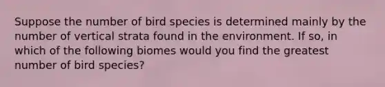 Suppose the number of bird species is determined mainly by the number of vertical strata found in the environment. If so, in which of the following biomes would you find the greatest number of bird species?