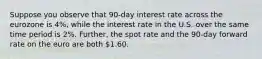 Suppose you observe that 90-day interest rate across the eurozone is 4%, while the interest rate in the U.S. over the same time period is 2%. Further, the spot rate and the 90-day forward rate on the euro are both 1.60.