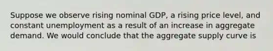 Suppose we observe rising nominal GDP, a rising price level, and constant unemployment as a result of an increase in aggregate demand. We would conclude that the aggregate supply curve is