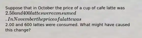 Suppose that in October the price of a cup of cafe latte was 2.50 and 400 lattes were consumed. In November the price of a latte was2.00 and 600 lattes were consumed. What might have caused this change?