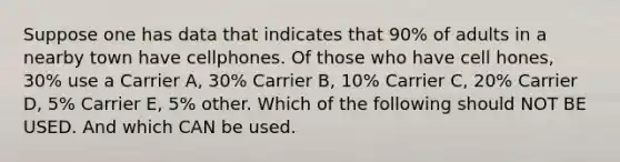 Suppose one has data that indicates that 90% of adults in a nearby town have cellphones. Of those who have cell hones, 30% use a Carrier A, 30% Carrier B, 10% Carrier C, 20% Carrier D, 5% Carrier E, 5% other. Which of the following should NOT BE USED. And which CAN be used.