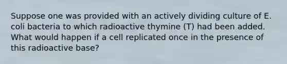 Suppose one was provided with an actively dividing culture of E. coli bacteria to which radioactive thymine (T) had been added. What would happen if a cell replicated once in the presence of this radioactive base?