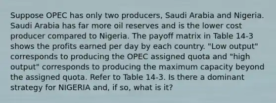 Suppose OPEC has only two producers, Saudi Arabia and Nigeria. Saudi Arabia has far more oil reserves and is the lower cost producer compared to Nigeria. The payoff matrix in Table 14-3 shows the profits earned per day by each country. "Low output" corresponds to producing the OPEC assigned quota and "high output" corresponds to producing the maximum capacity beyond the assigned quota. Refer to Table 14-3. Is there a dominant strategy for NIGERIA and, if so, what is it?