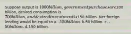 Suppose output is 1000 billion, government purchases are200 billion, desired consumption is 700 billion, and desired investment is150 billion. Net foreign lending would be equal to a. -150 billion. b.50 billion. c. -50 billion. d.150 billion.