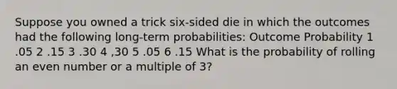 Suppose you owned a trick six-sided die in which the outcomes had the following long-term probabilities: Outcome Probability 1 .05 2 .15 3 .30 4 ,30 5 .05 6 .15 What is the probability of rolling an even number or a multiple of 3?