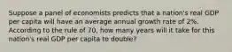 Suppose a panel of economists predicts that a nation's real GDP per capita will have an average annual growth rate of 2%. According to the rule of 70, how many years will it take for this nation's real GDP per capita to double?