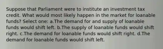 Suppose that Parliament were to institute an investment tax credit. What would most likely happen in the market for loanable funds? Select one: a.The demand for and supply of loanable funds would shift left. b.The supply of loanable funds would shift right. c.The demand for loanable funds would shift right. d.The demand for loanable funds would shift left.