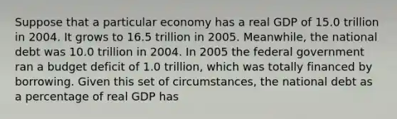 Suppose that a particular economy has a real GDP of 15.0 trillion in 2004. It grows to 16.5 trillion in 2005.​ Meanwhile, the national debt was 10.0 trillion in 2004. In 2005 the federal government ran a budget deficit of 1.0 ​trillion, which was totally financed by borrowing. Given this set of circumstances, the national debt as a percentage of real GDP has