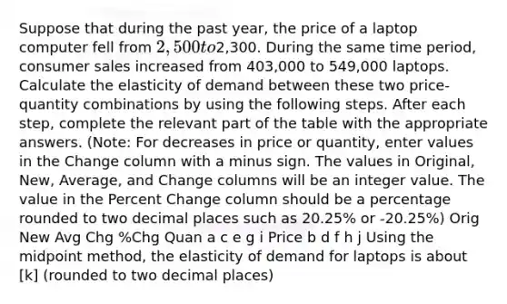 Suppose that during the past year, the price of a laptop computer fell from 2,500 to2,300. During the same time period, consumer sales increased from 403,000 to 549,000 laptops. Calculate the elasticity of demand between these two price-quantity combinations by using the following steps. After each step, complete the relevant part of the table with the appropriate answers. (Note: For decreases in price or quantity, enter values in the Change column with a minus sign. The values in Original, New, Average, and Change columns will be an integer value. The value in the Percent Change column should be a percentage rounded to two decimal places such as 20.25% or -20.25%) Orig New Avg Chg %Chg Quan a c e g i Price b d f h j Using the midpoint method, the elasticity of demand for laptops is about [k] (rounded to two decimal places)