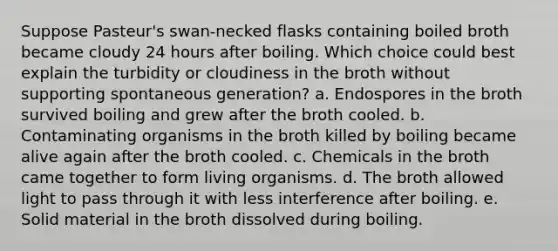 Suppose Pasteur's swan-necked flasks containing boiled broth became cloudy 24 hours after boiling. Which choice could best explain the turbidity or cloudiness in the broth without supporting spontaneous generation? a. Endospores in the broth survived boiling and grew after the broth cooled. b. Contaminating organisms in the broth killed by boiling became alive again after the broth cooled. c. Chemicals in the broth came together to form living organisms. d. The broth allowed light to pass through it with less interference after boiling. e. Solid material in the broth dissolved during boiling.